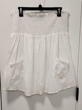 At Last White Eyelet Smocked A-Line Top with Pockets